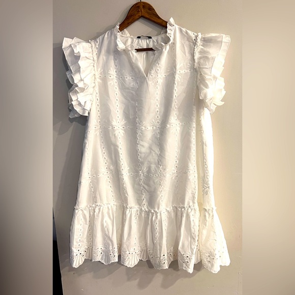 Simplee Apparel Dresses & Skirts - White Embroidered Eyelet Detail Flutter Sleeve V-Neck Ruffle Hem Shift Dress